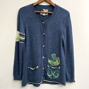 Vintage Y2K Title Nine 100% Washable Wool Cardigan Sweater Blue Horse Print L